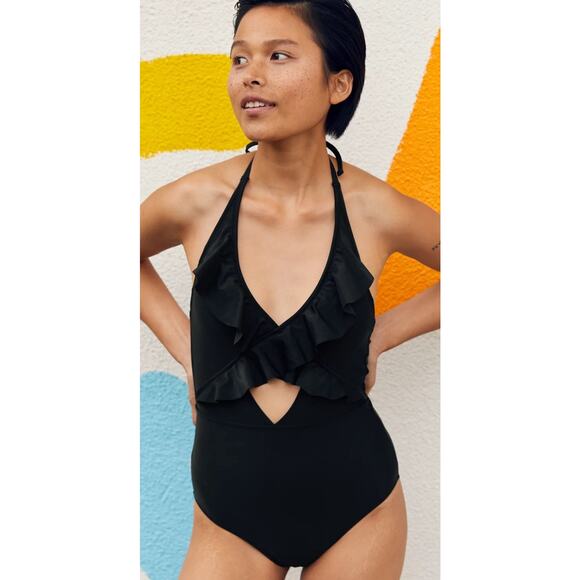 Aerie One Piece Swimsuit Size Small Ruffle Color Black Full Coverage Swimwear - Picture 1 of 13